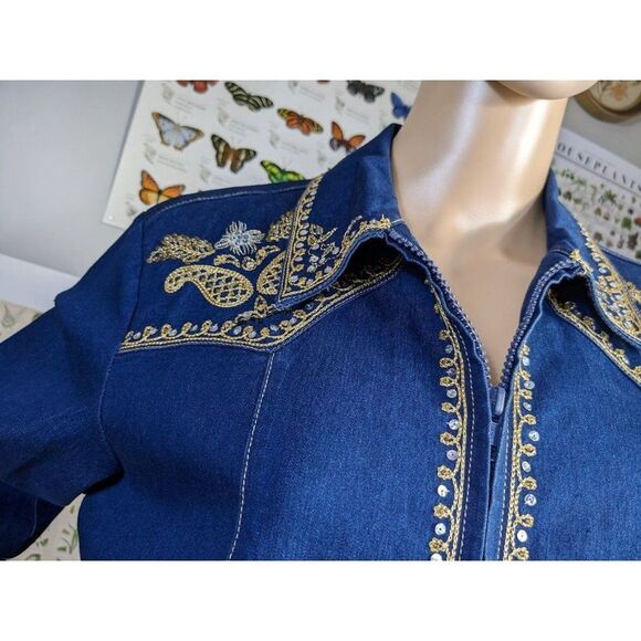 Vintage 90s Victor Costa Jean Jacket Western Sequin Denim Rodeo Dark Size S - Picture 5 of 12